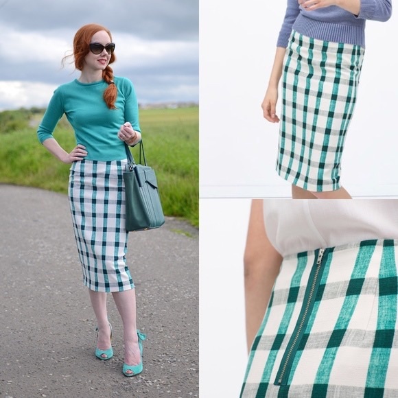 Zara green and white plaid pencil midi skirt - Picture 3 of 6